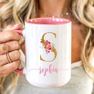 Monogram Pink Latte Mug, Personalized Gifts, Girls Drinkware Cup